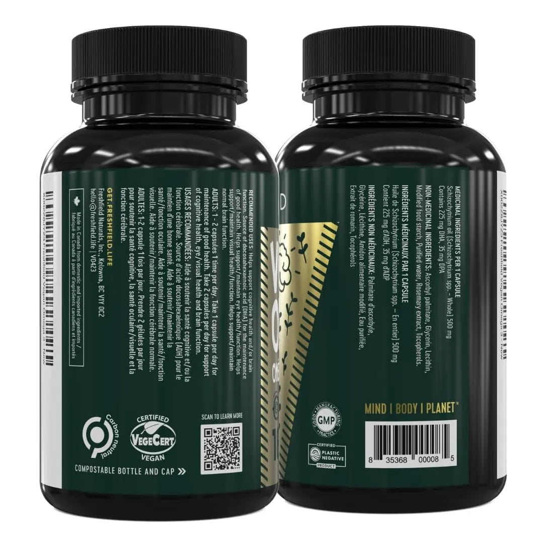 Aceite Omega 3 DHA Vegano Premium Botella Compostable 220mg Por Capsula Suministro 6 Meses