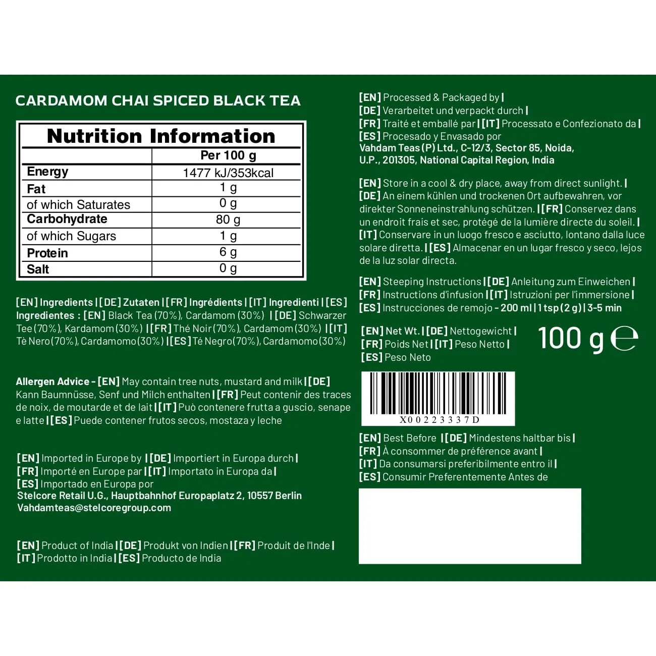 Té Cardamomo Masala Chai Premium Assam Hojas Sueltas Importado