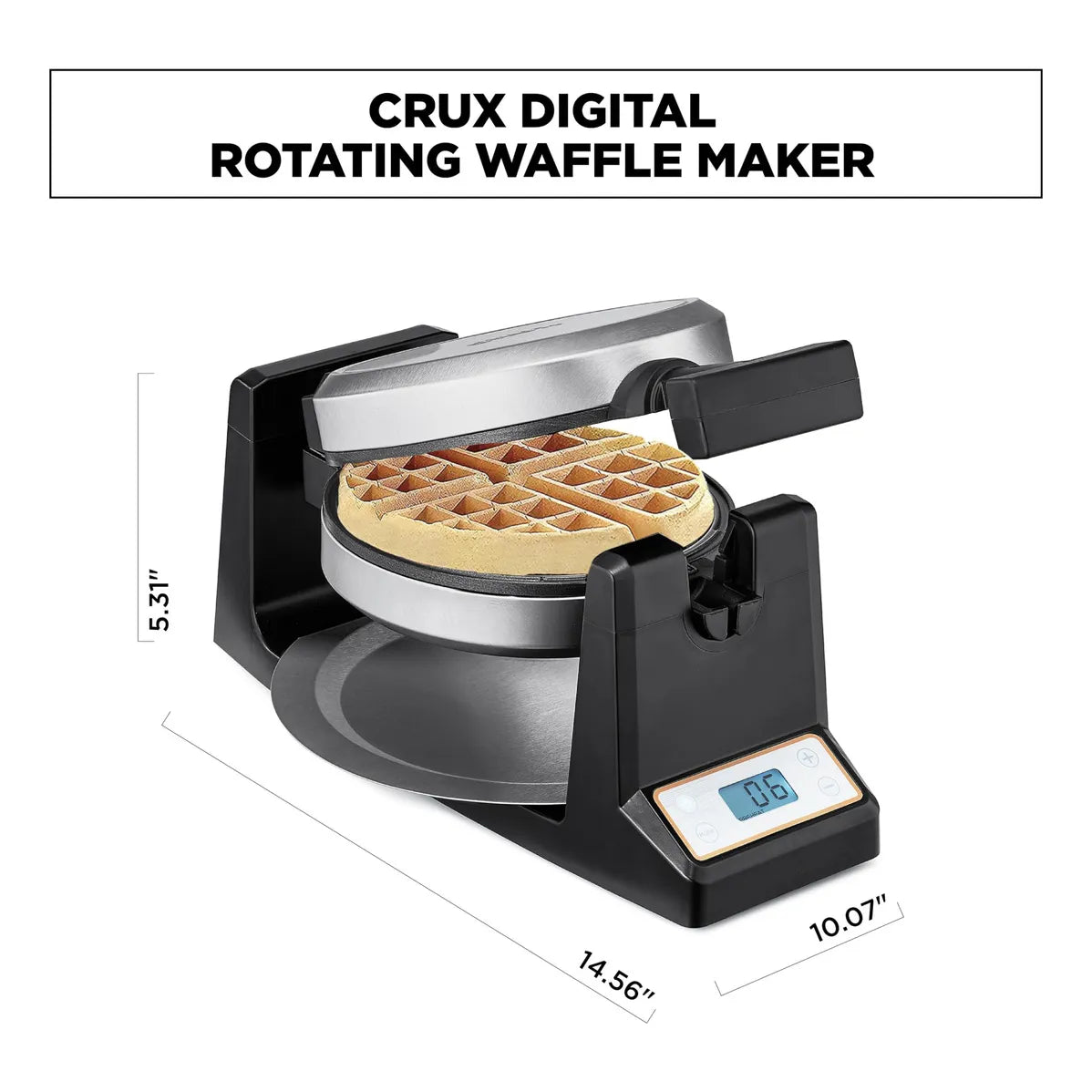 Crux Gofrera Belga Giratoria Con Platos Antiadherentes Pantalla LCD Y Control De Dorado