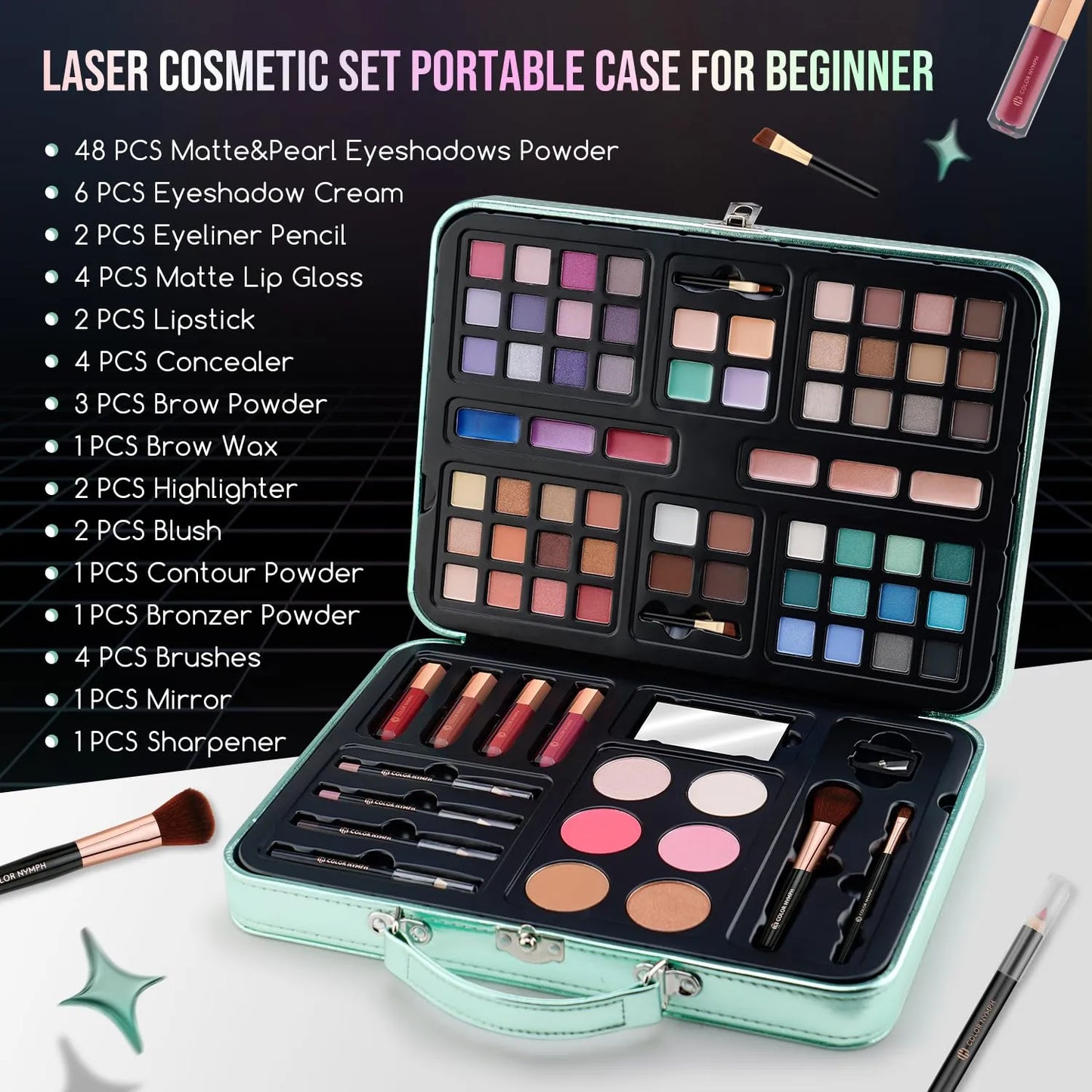 Juego De Maquillaje Infantil Todo En Uno Kit Para Principiantes Con Estuche Verde Y 54 Colores