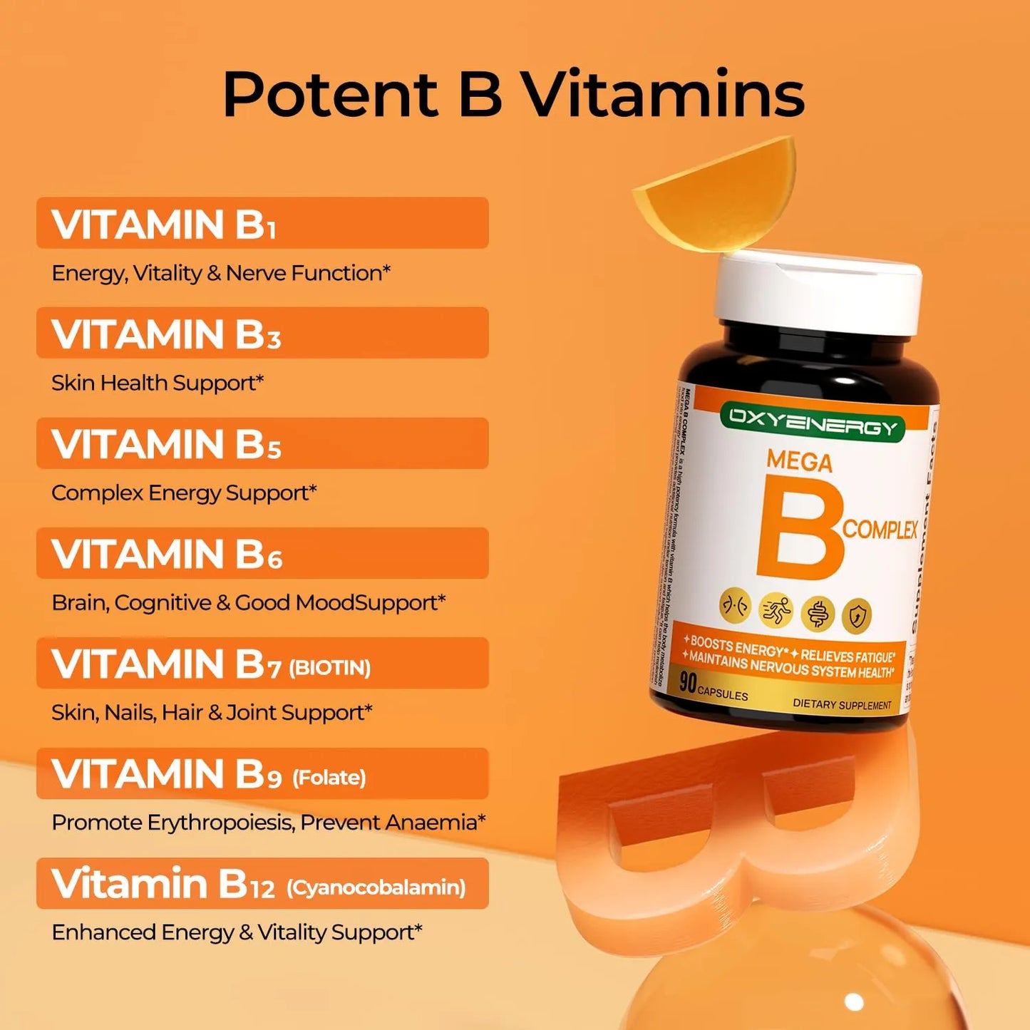 Cápsulas Mega Vitamina B Complejas 8 Vitaminas Salud Celular Vegano 90 Cápsulas