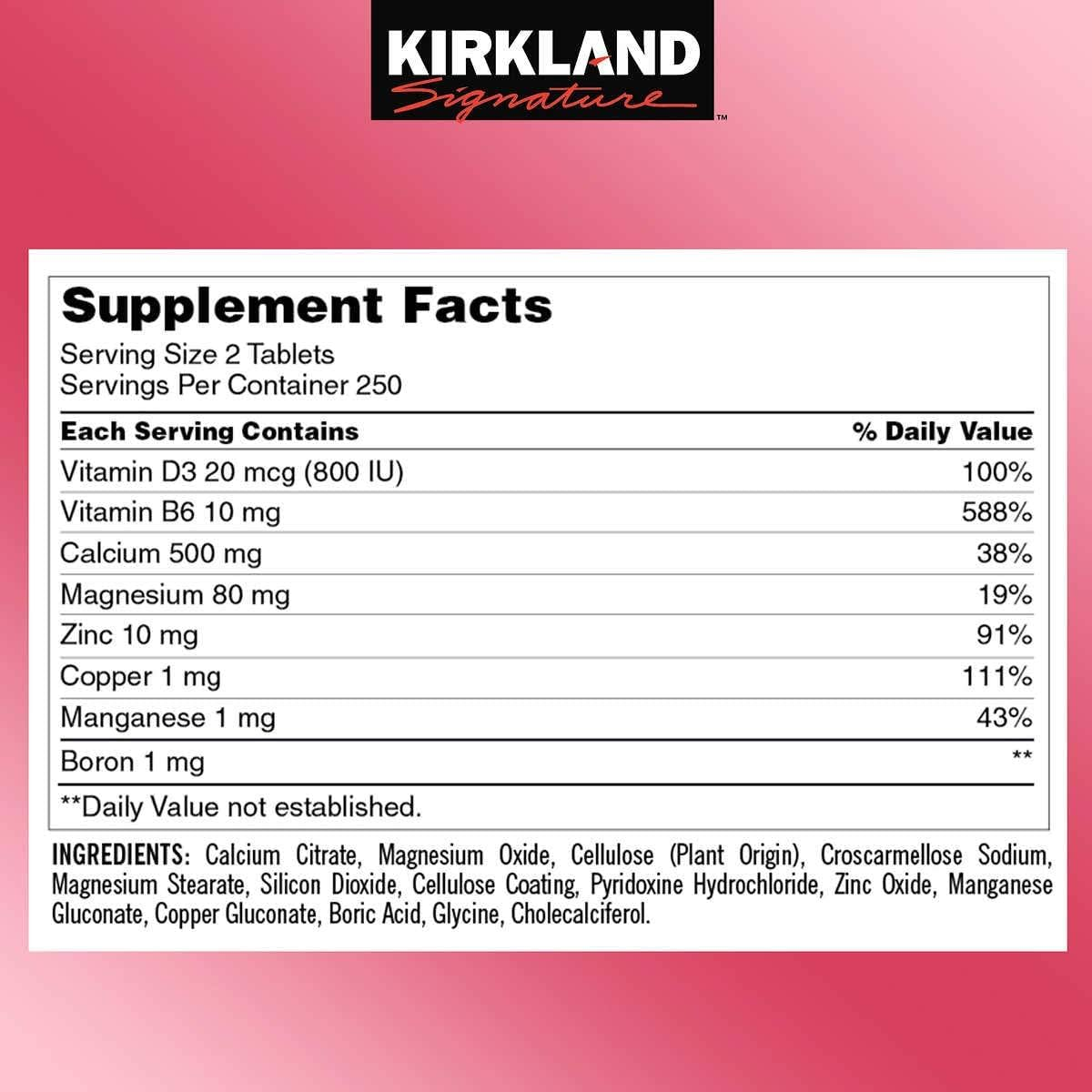 Citrato de Calcio, Magnesio y Zinc Kirkland Signature – Con Vitamina D3 y B6 – Salud Ósea y Muscular – 500 Tabletas