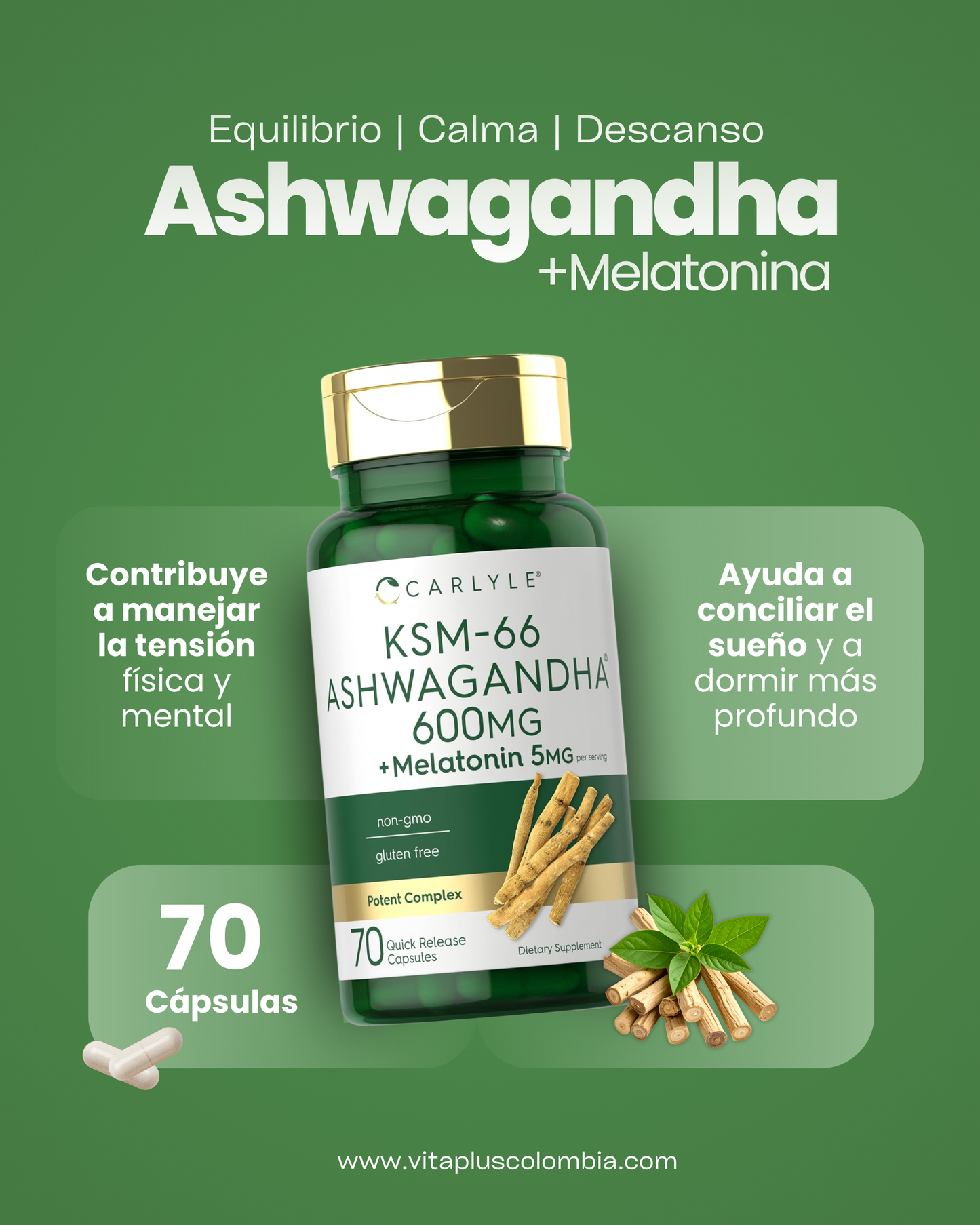 Carlyle KSM-66 Ashwagandha Capsules 600mg con Melatonin 5mg | 70 Cápsulas | Complejo Potente | No-GMO y Sin Gluten