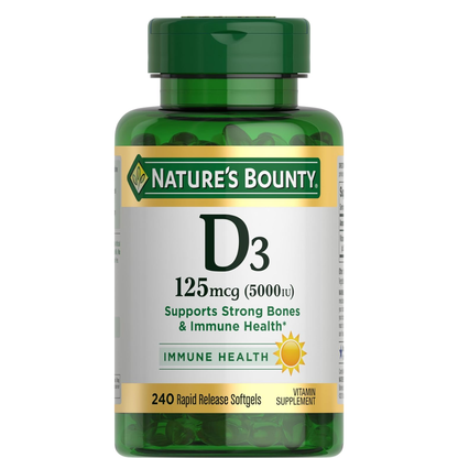 Vitamina D3 Nature's Bounty 5000 UI Soporte Inmune y Salud Ósea – 240 Cápsulas Blandas de Liberación Rápida
