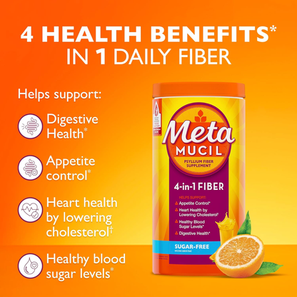 Metamucil Fibra 4-en-1 Sin Azúcar sabor Naranja 180 Porciones Cáscara de Psyllium para Salud Digestiva y Corazón