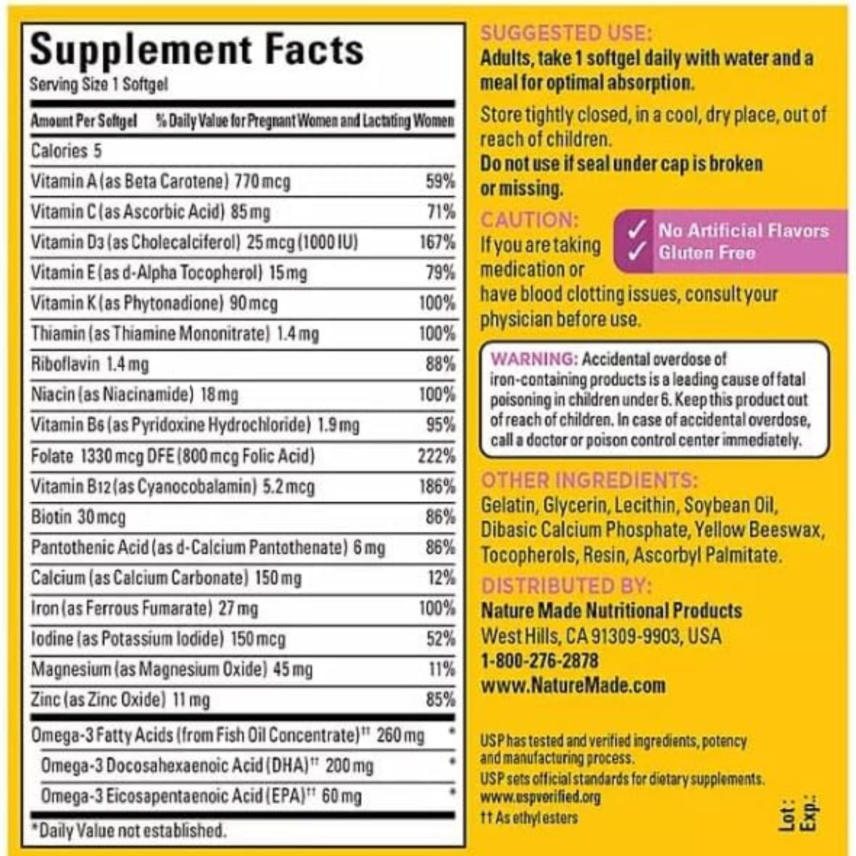 Multivitamínico Prenatal Nature Made con 200mg DHA y Ácido Fólico Apoyo al Desarrollo del Bebé 150 Cápsulas Blandas