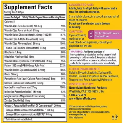 Multivitamínico Prenatal Nature Made con 200mg DHA y Ácido Fólico Apoyo al Desarrollo del Bebé 150 Cápsulas Blandas