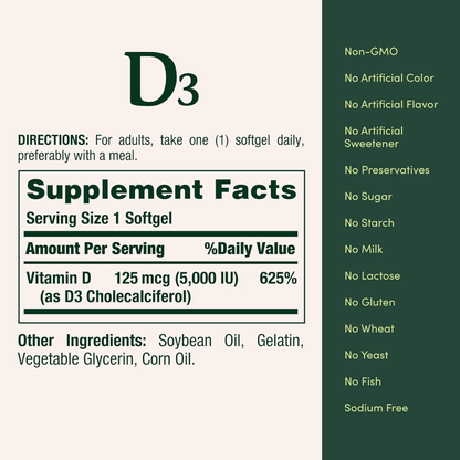 Vitamina D3 Nature's Bounty 5000 UI Soporte Inmune y Salud Ósea – 240 Cápsulas Blandas de Liberación Rápida