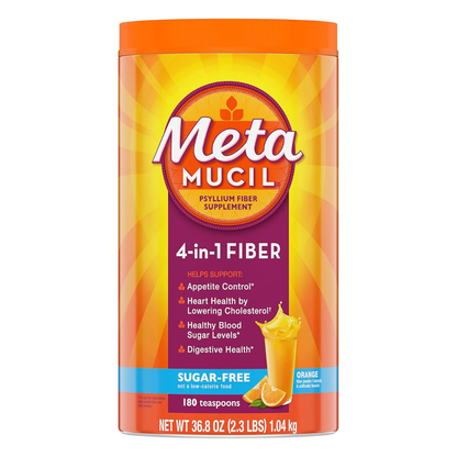 Metamucil Fibra 4-en-1 Sin Azúcar sabor Naranja 180 Porciones Cáscara de Psyllium para Salud Digestiva y Corazón