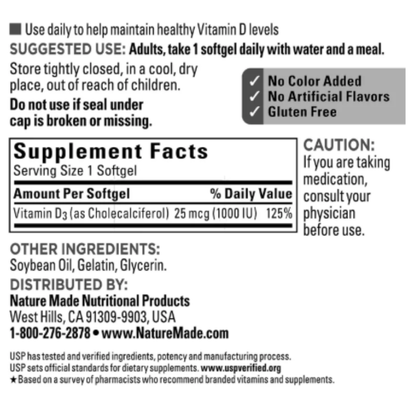 Vitamina D3 Nature Made Apoyo Bienestar General 650 Softgels