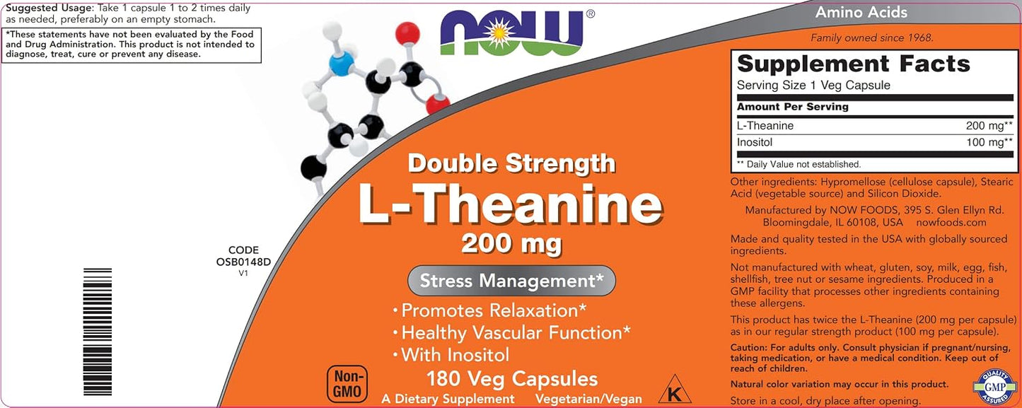L Teanina NOW Foods Doble Fuerza 200 Mg 180 Cápsulas Veganas Con Inositol