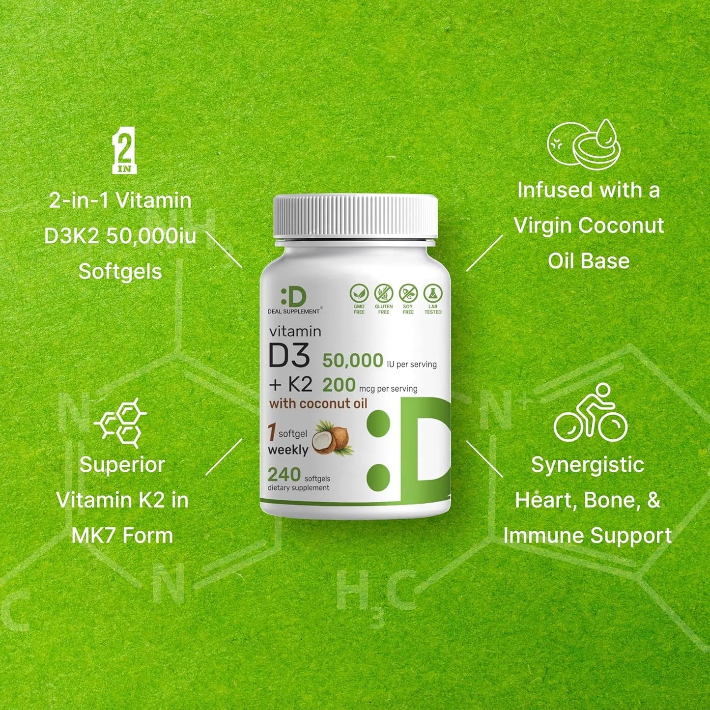 DEAL SUPPLEMENT Cápsulas blandas de vitamina D3 K2, 250 unidades, complejo 2-1, vitamina D3 5000 UI y vitamina K2 MK7