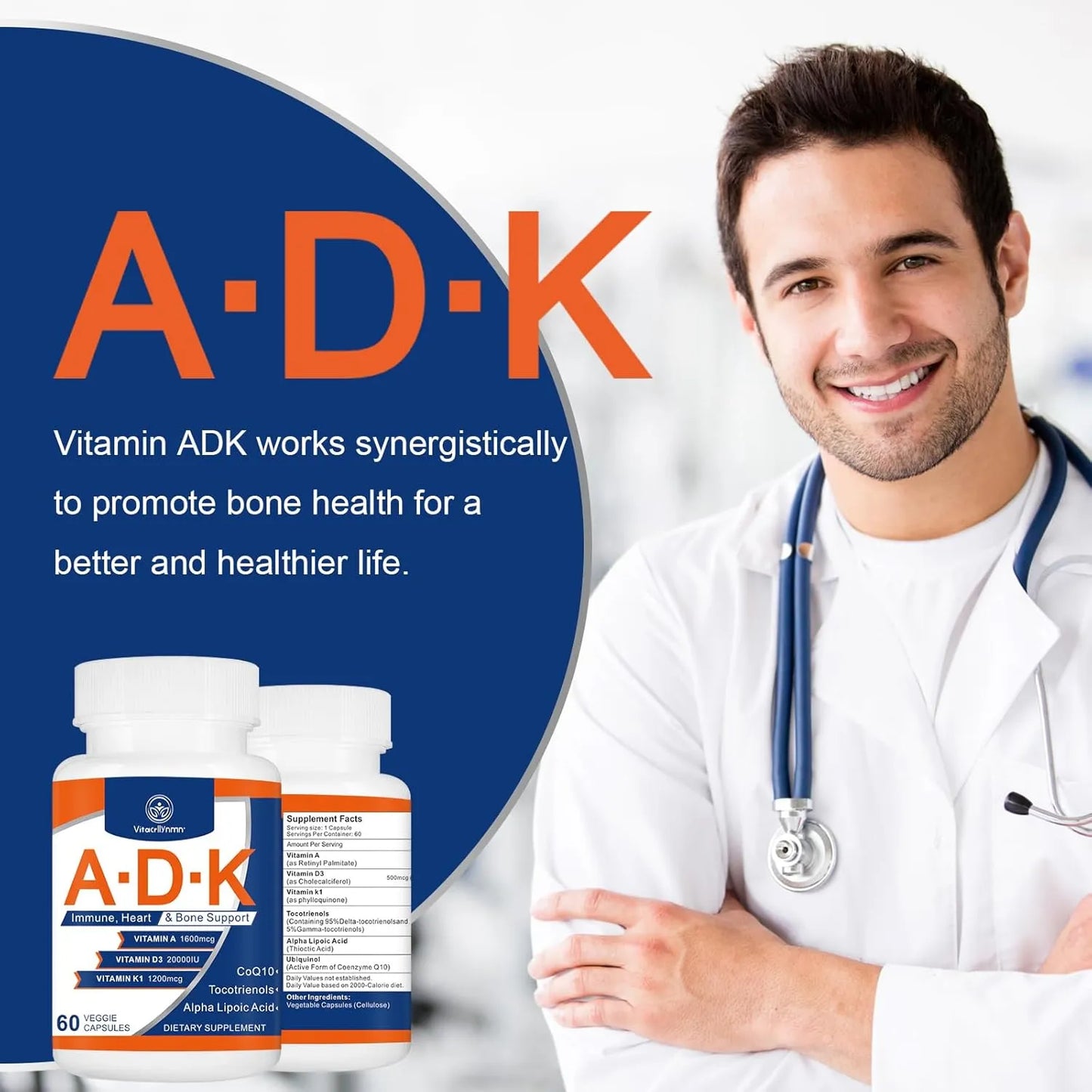 Vitamina ADK 20000 Ui 120 Cápsulas Alto Rendimiento Salud Corazón Huesos