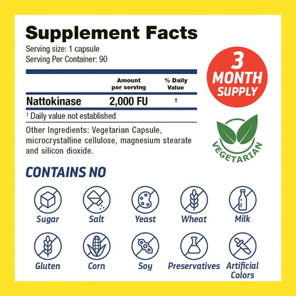 Nattokinase 2000 FU Suplemento Cardiovascular 90 Cápsulas Sin Gluten