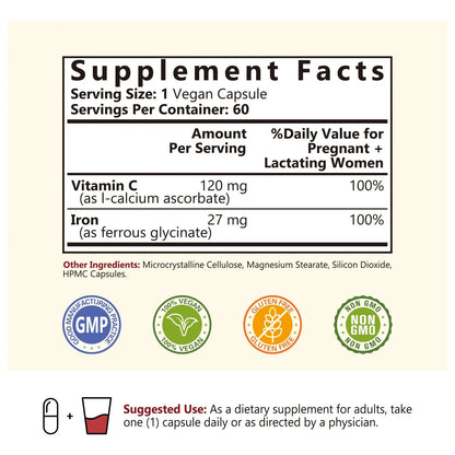 Suplemento De Hierro Suave 27 Mg Bisglicinato Con Vitamina C Absorcion Optima