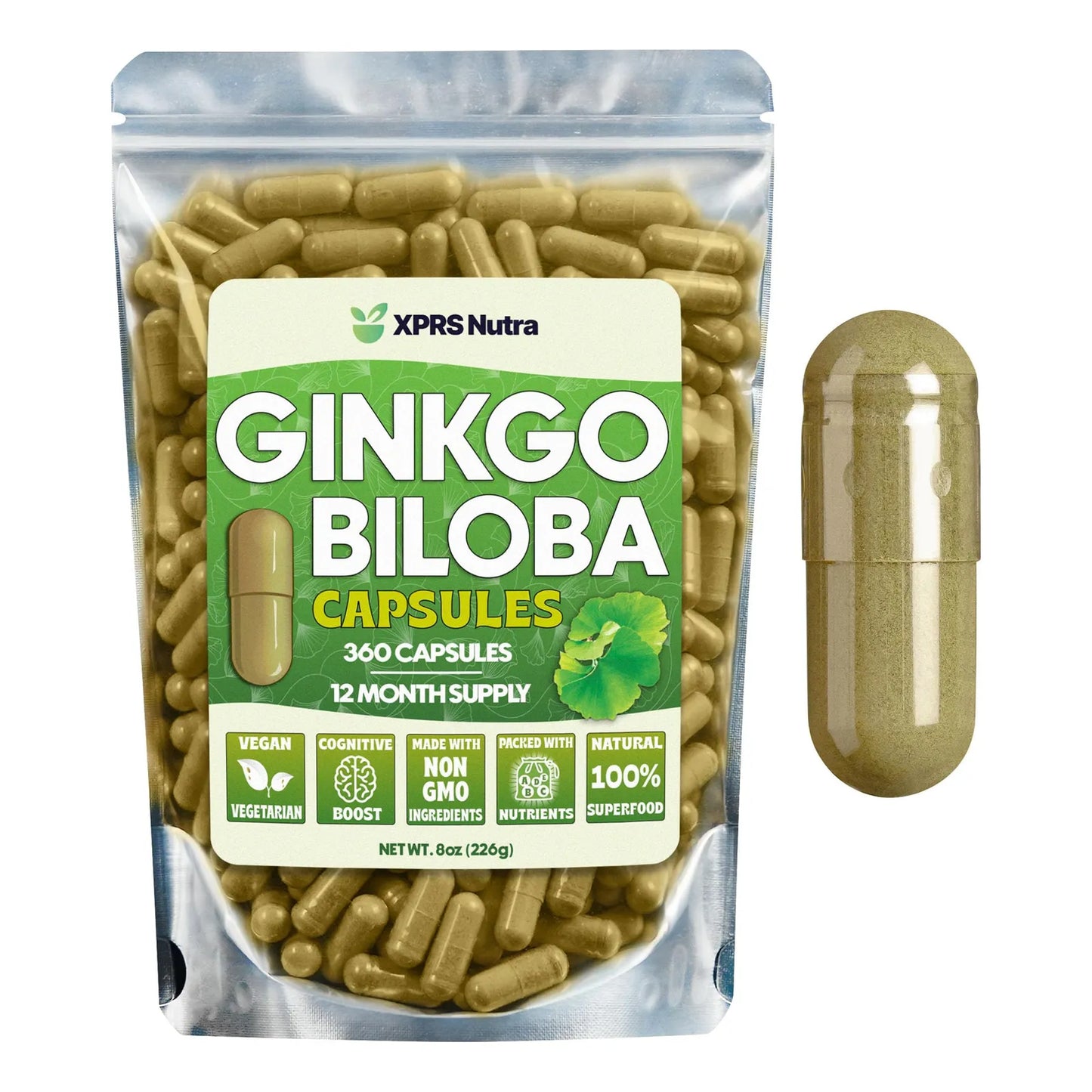 Cápsulas De Ginkgo Biloba 360 Unidades Mejora Cognición Y Enfoque Vegano