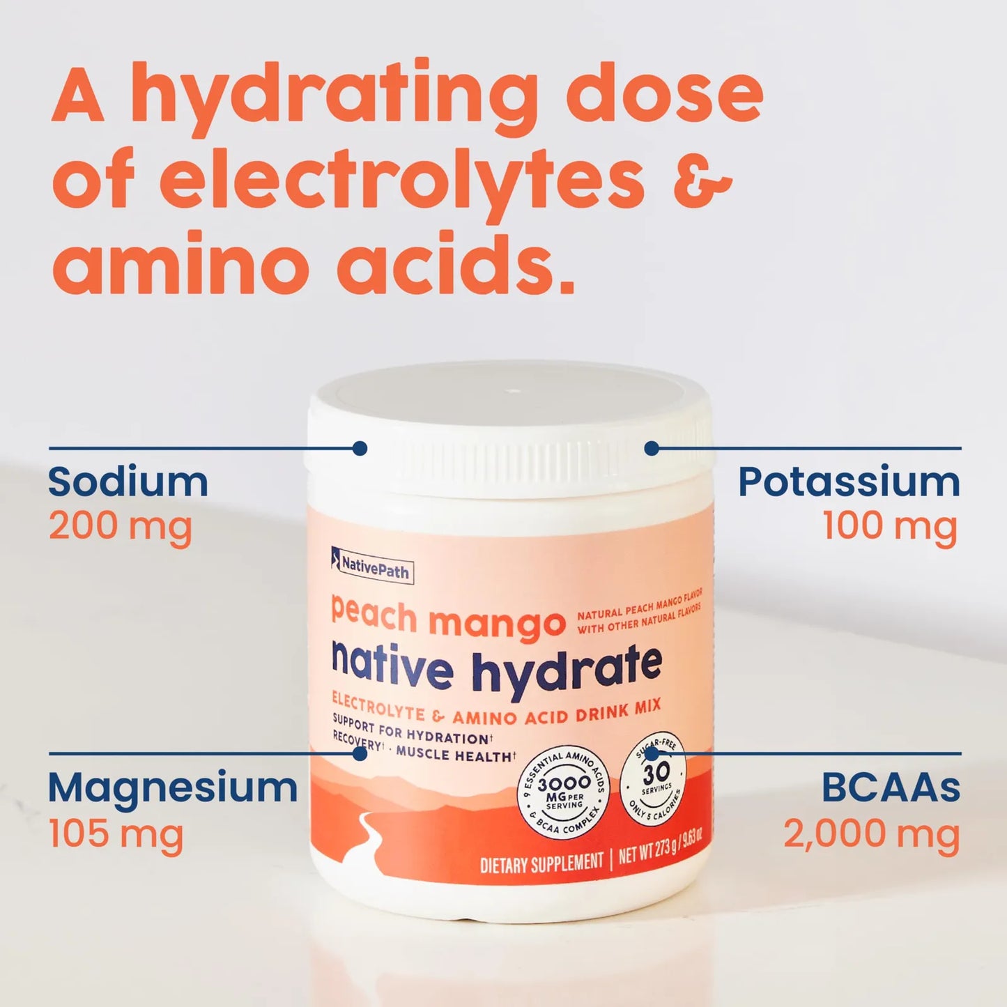 Native Hydrate Electrolitos En Polvo Sabor Melocotón Mango Cero Azúcar 30 Porciones