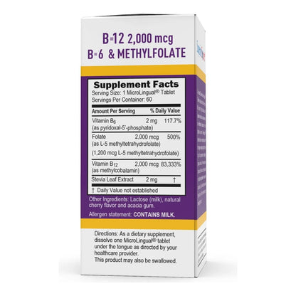 Vitamina B12 Metilcobalamina 2000 Mcg Con Metilfolato Y B6 60 Tabletas Microlingües
