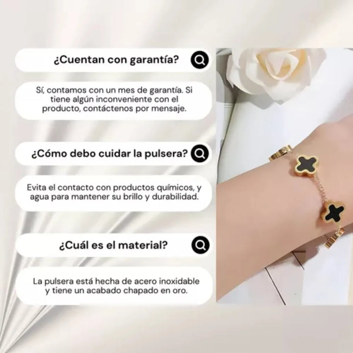 Elegante Pulsera Negra Trébol Cuatro Hojas Regalo Joyeria - Imagen 7