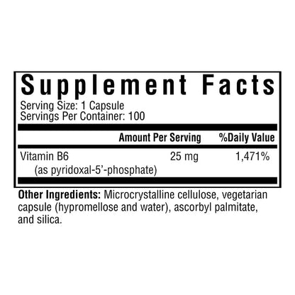 Vitamina B Piridoxal 5 Fosfato 25 Mg Apoyo Cognitivo E Inmunologico Vegano 100 Caps
