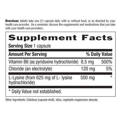 L-Lisina 500mg Con B6 Para Salud Inmunológica Y Renovación De Colágeno 100 Cápsulas Veganas