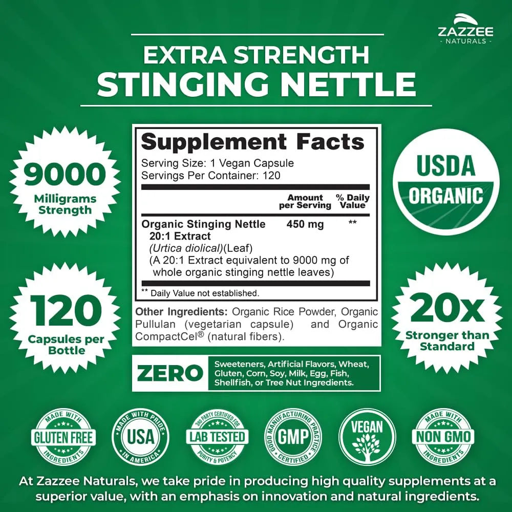Extracto De Ortiga Orgánico 9000 Mg 120 Cápsulas Potencia 20X Certificado USDA