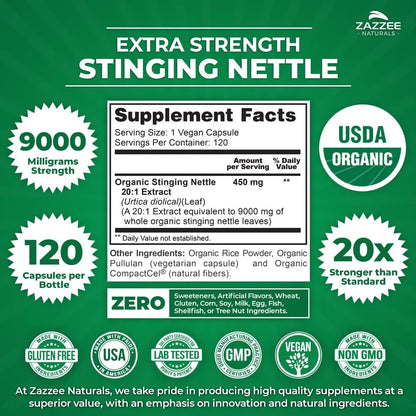 Extracto De Ortiga Orgánico 9000 Mg 120 Cápsulas Potencia 20X Certificado USDA