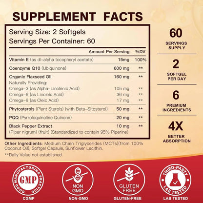 Capsulas Blandas Coenzima Q10 600 Mg Con Omega 3 PQQ Y Vitamina E Soporte Cardiaco Y Antioxidante