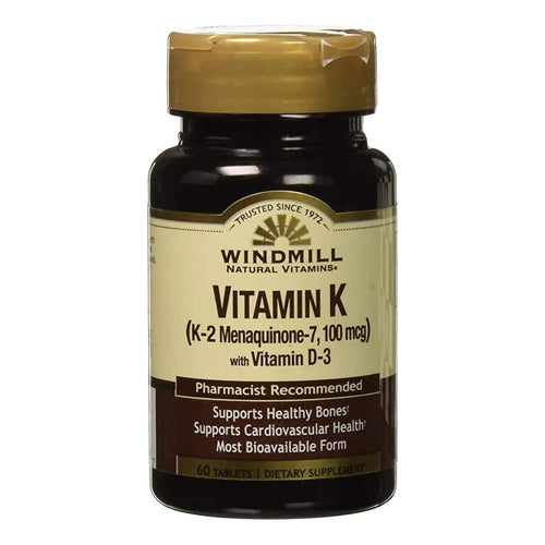 Vitaminas Naturales K2 Menaquinona 100 Mcg 60 Tabletas Con Vitamina D3