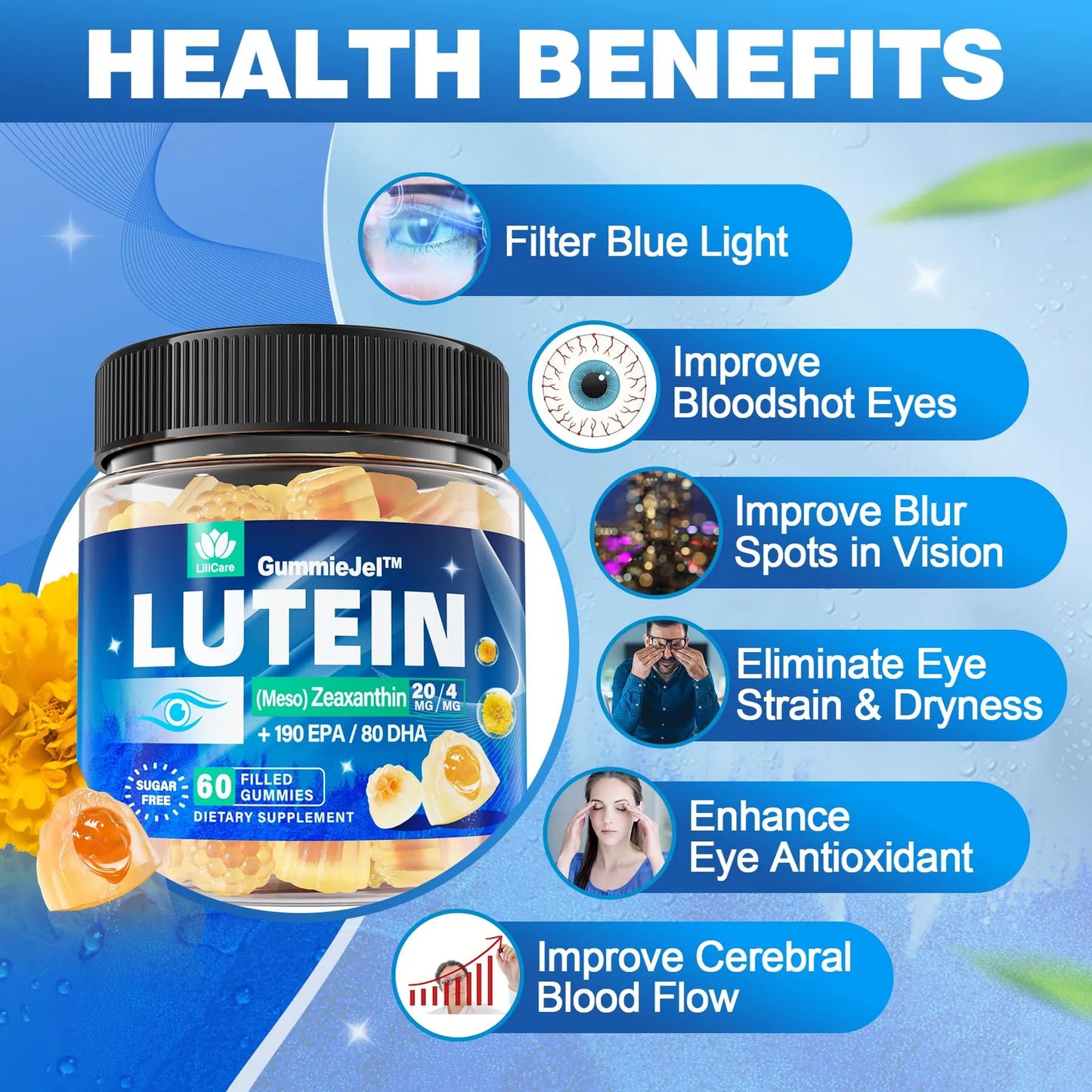 Gomitas Luteína Y Zeaxantina Para Ojos 40 Mg Con EPA DHA Sin Azúcar