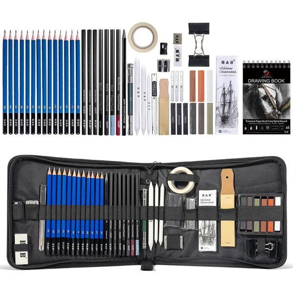 Kit Profesional 50 Piezas Dibujo Arte Lápices Acuarela Carbón Cuaderno Incluido
