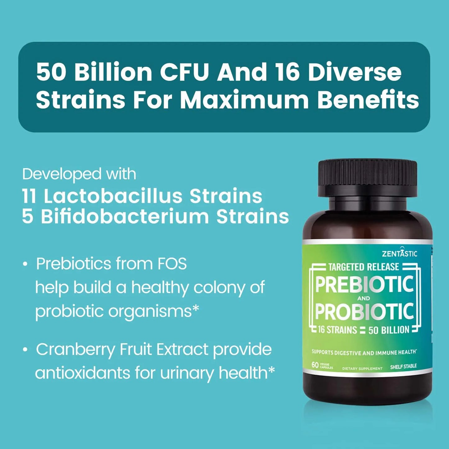 Suplemento De Probióticos Y Prebióticos 50 Mil Millones UFC Para Salud Digestiva E Inmune 180 Cápsulas