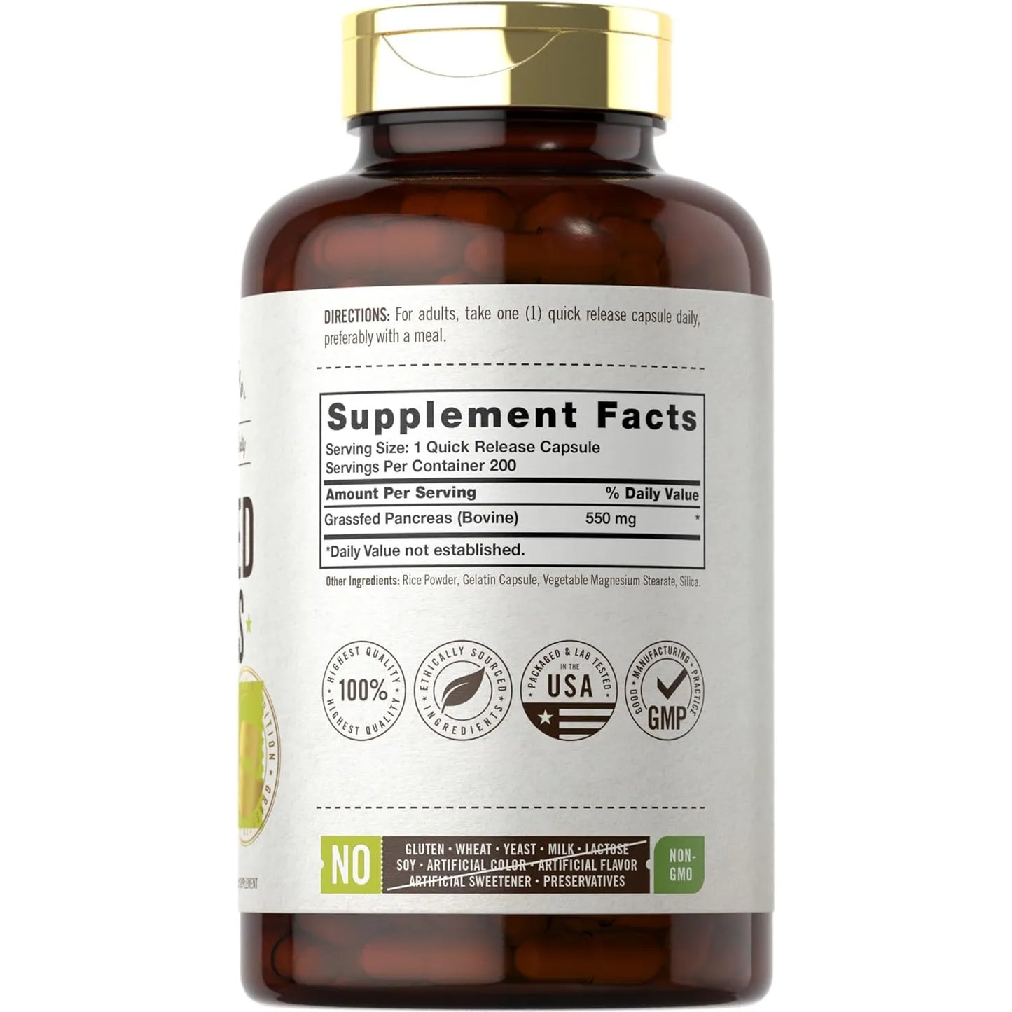 Pancreas De Carne Alimentada Con Pasto 550 Mg 200 Capsulas Suplemento Bovino Sin Omg Ni Gluten