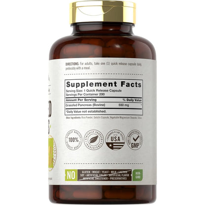 Pancreas De Carne Alimentada Con Pasto 550 Mg 200 Capsulas Suplemento Bovino Sin Omg Ni Gluten
