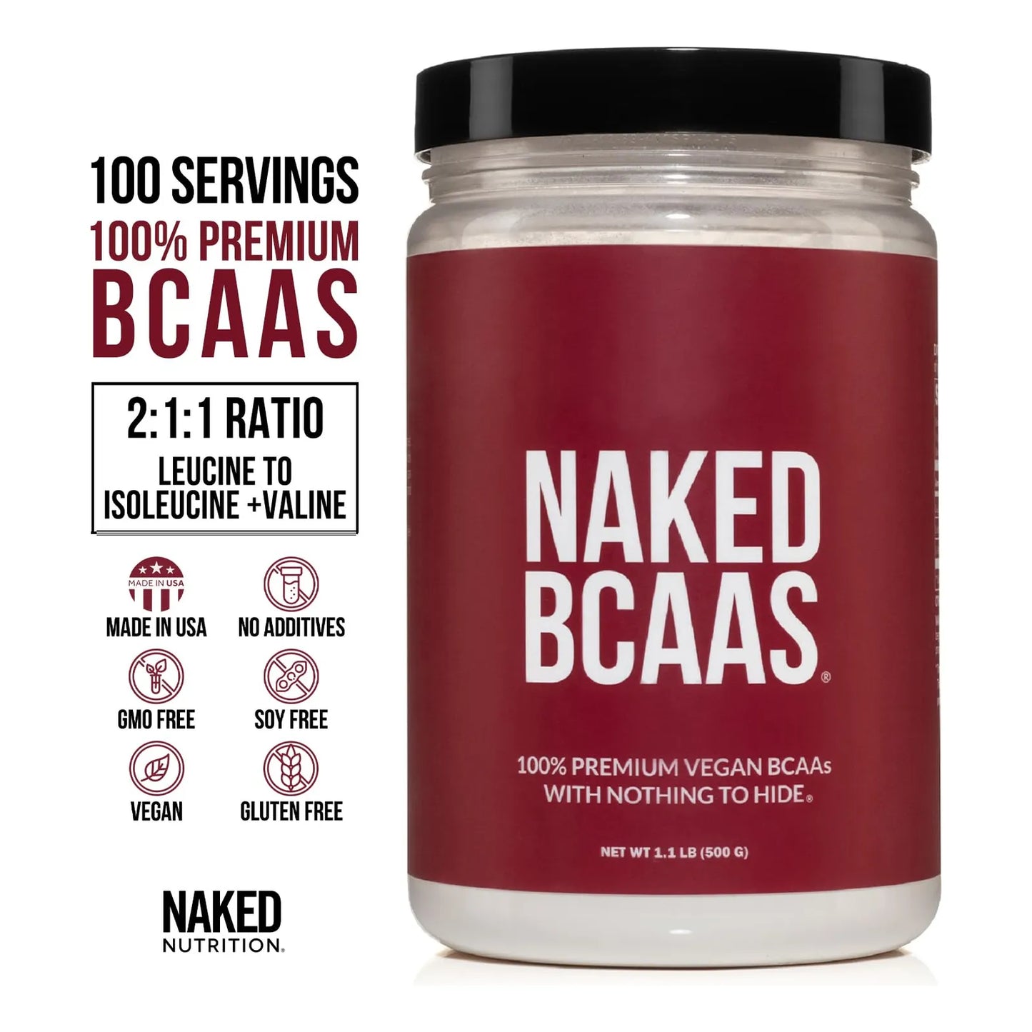 BCAA Polvo Aminoácidos 100% Puro 2:1:1 Vegano Sin Sabor 500g