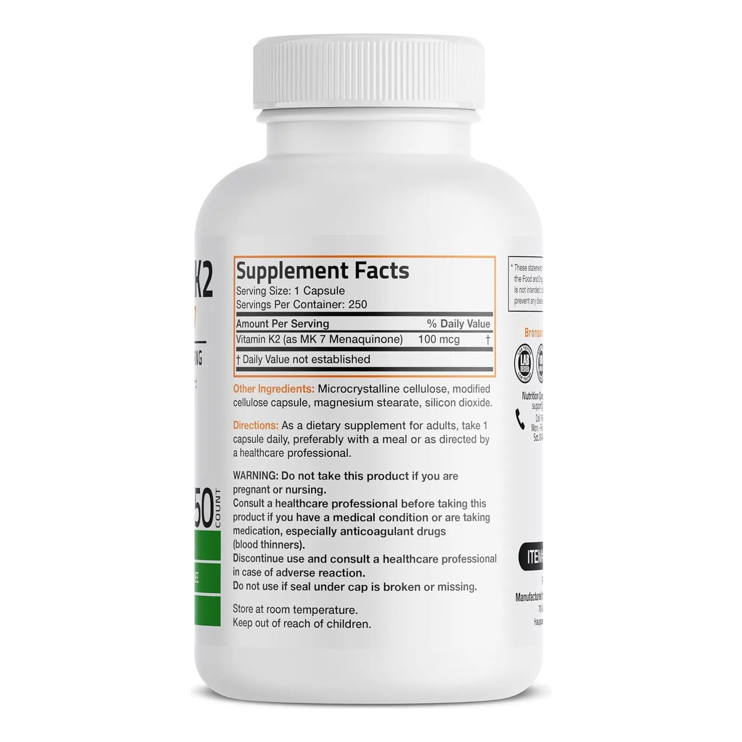 Vitamina K2 MK7 100 Mcg 250 Capsulas Bronson Huesos Fuertes Y Corazon Sano