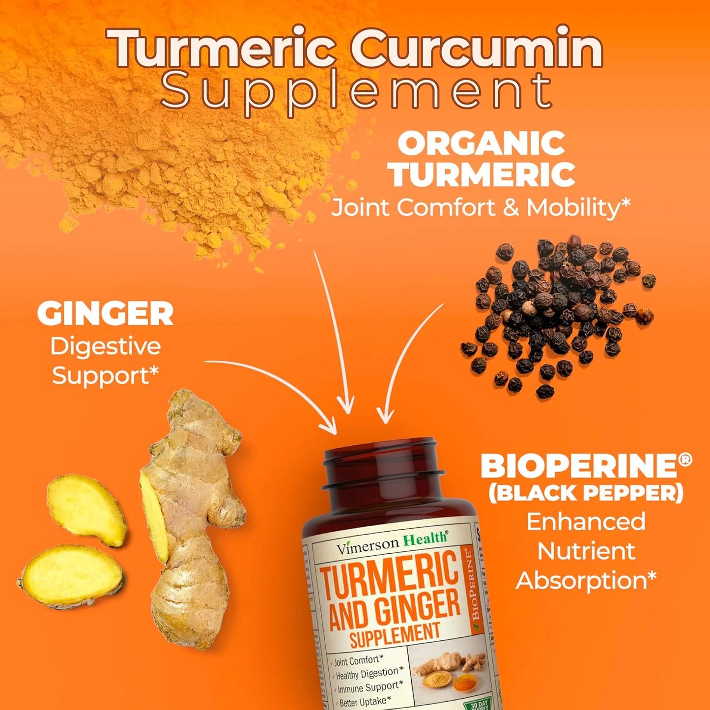 Suplemento De Cúrcuma Orgánica Con Pimienta Negra Y Jengibre Para Articulaciones Y Digestión 120 Cápsulas