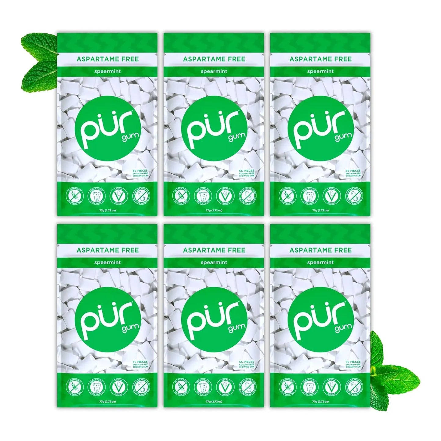 Pu Chicle Menta Verde 100 Xilitol 55 Und X 6 Paquetes Sabor Intenso Y Saludable