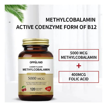 Vitamina B12 Metilcobalamina 5000 Mcg Con Ácido Fólico 120 Tabletas Masticables Sabor Cereza