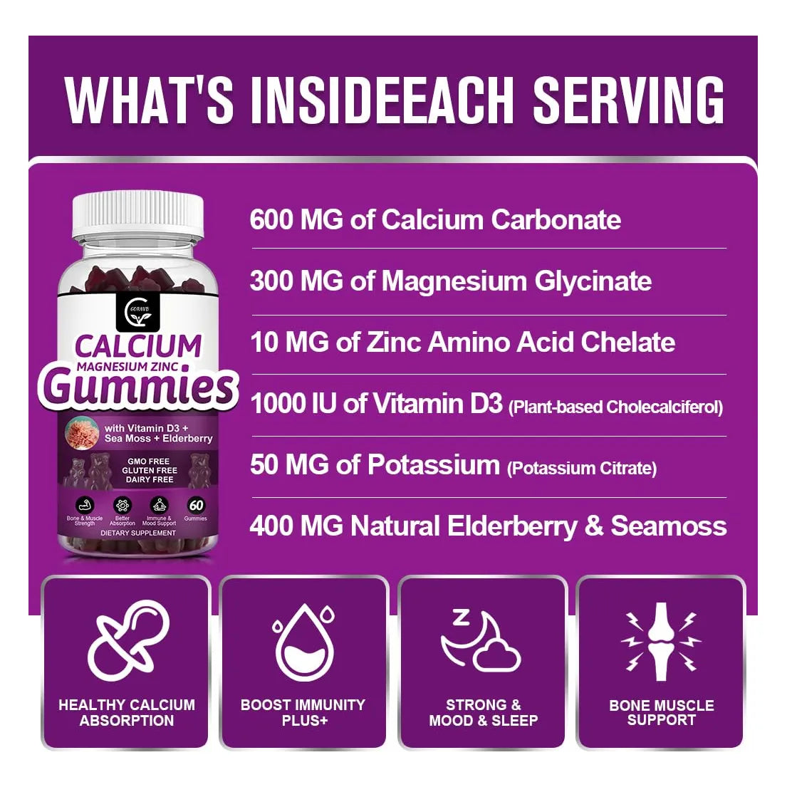 Gomitas De Calcio Magnesio Y Zinc Alta Absorcion Glicinato Musgo Marino D3