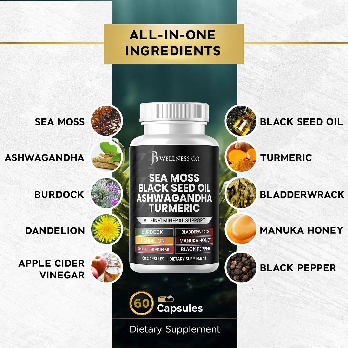 Capsulas Musgo Marino Aceite Semilla Negra Ashwagandha Curcuma 60 Unidades
