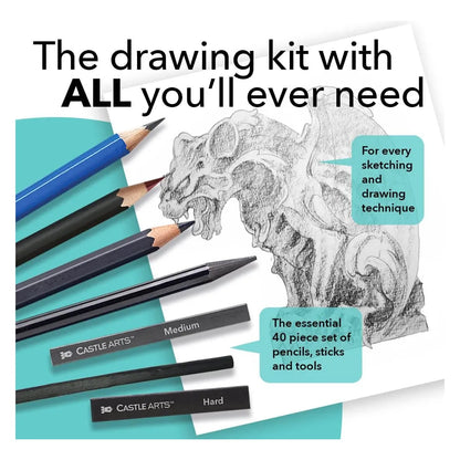 Set De 40 Lápices Profesionales Para Dibujo Grafito Carbón Y Pastel Con Estuche Y Guía