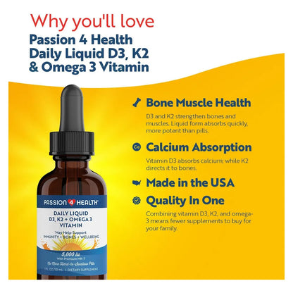 Vitamina Líquida Orgánica D3 5000IU + K2 Mk7 + Omega 3 Passion 4 Health Huesos Fuertes Y Músculos Saludables