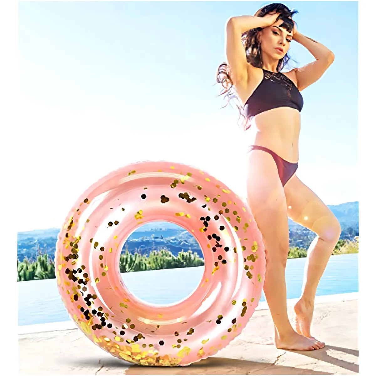Flotador Inflable Rosa Dorado Con Confeti Jumbo Para Fiestas En Piscina