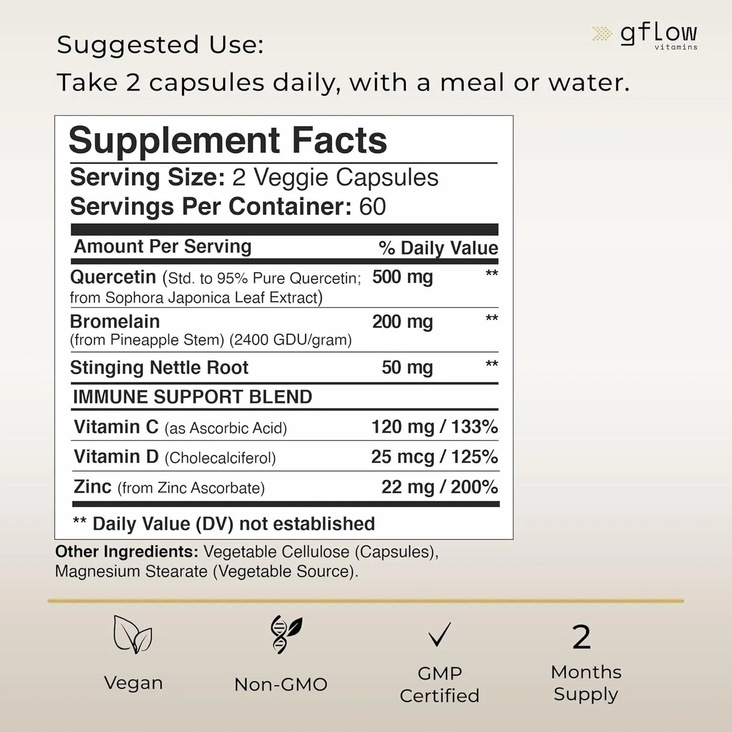 Quercetina 500 Mg Con Vitamina C Zinc Y Ortiga 120 Cápsulas Veganas Refuerza Sistema Inmunológico