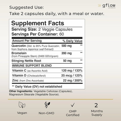 Quercetina 500 Mg Con Vitamina C Zinc Y Ortiga 120 Cápsulas Veganas Refuerza Sistema Inmunológico