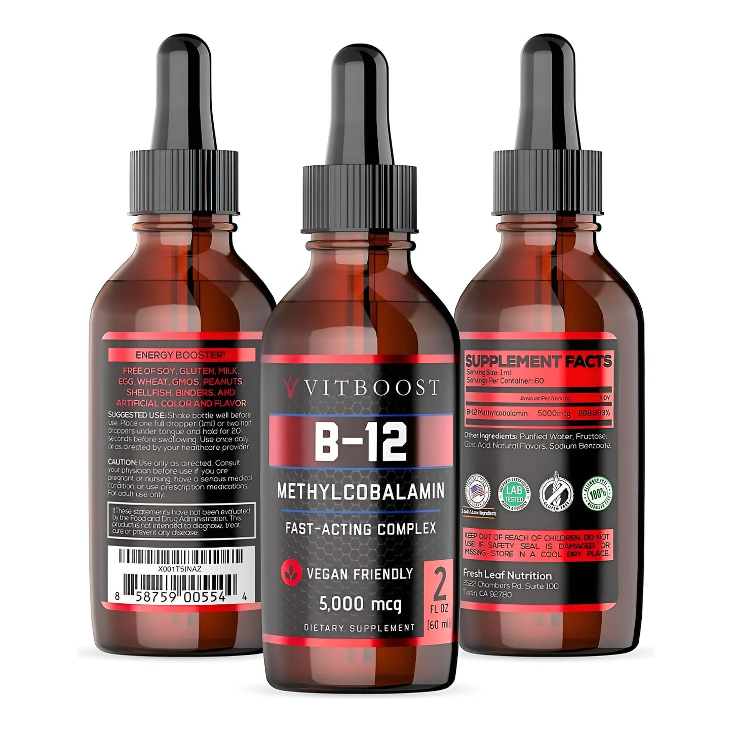 Vitboost Vegan Liquid B-12 60 Gotas 5000mcg Energía Sin Gluten - Imagen 1