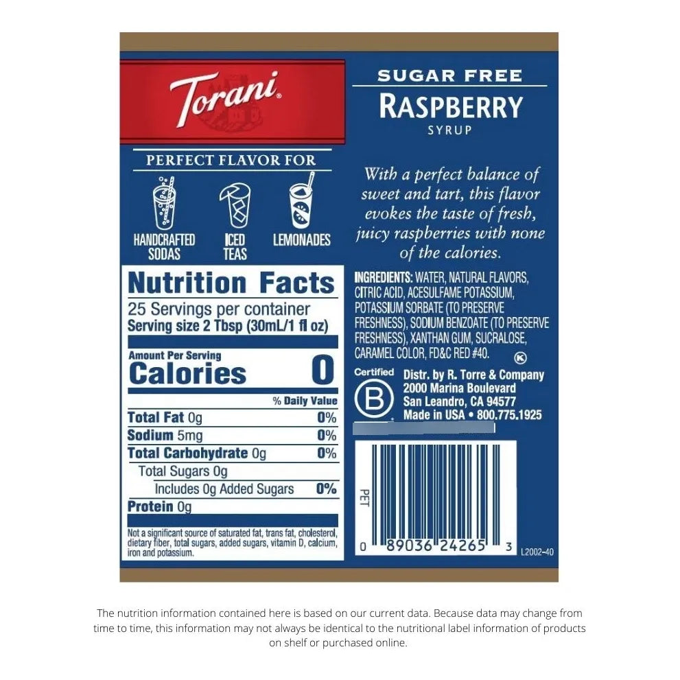 Jarabe Torani Sin Azúcar Frambuesa 750 Ml Paquete De 4 Sabor Intenso Sin Calorías