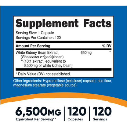 Extracto De Frijol Blanco 650 Mg 120 Cápsulas Vegetarianas Sin Gluten Y Sin Omg