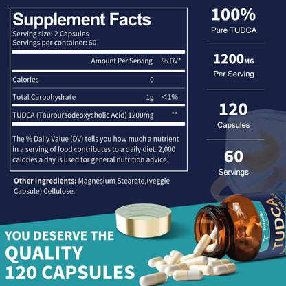 Cápsulas Tudca 1200 Mg Ácido Tauroursodesoxicólico 120 Unidades Suplemento Hepático Vegano